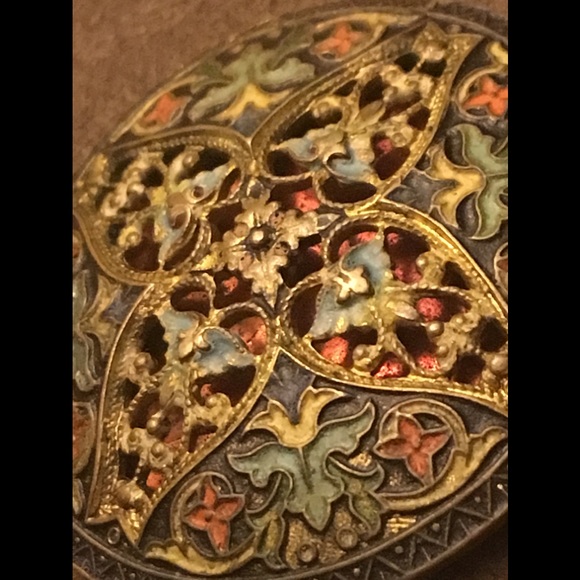 Antique Enameled BUTTON French Champleve Pierced Lacy Openwork made into PENDANT - Picture 11 of 15